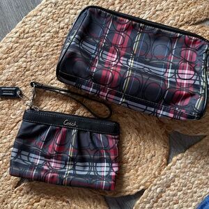 Coach Black Red Plaid Signature Cosmetic Pouch & Wristlet Set